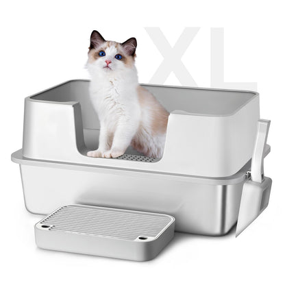 Stainless Steel Litter Box with Step Extra Large Cat Litter Box for Big Cats High Sides Enclosure XL Metal Litter Box Non-Sticky Easy Cleaning Anti-Urine Leakage (with Litter Scoop & Footboard Grey)